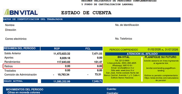 Ejemplo de estado de cuenta de BN Vital para ROP y FCL, con la fila de retiros resaltada en rojo.