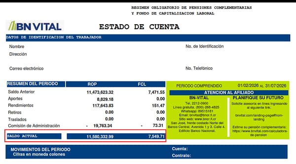 Ejemplo de estado de cuenta de BN Vital para ROP y FCL, con la fila de saldo actual resaltada en rojo.