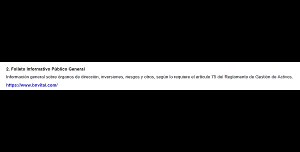 Apartado sobre el folleto informativo de BN Vital para el público general, con información de órganos de dirección, inversiones y riesgos, y enlace a su sitio web.